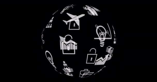 Цифрова Анімація Різних Піктограм Розташованих Сфері Обертається Чорному Тлі — стокове відео