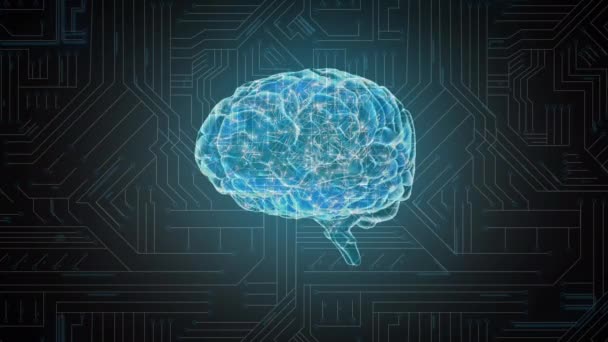 旋转大脑的数字动画 里面有发光的神经元 背景是一个带有发光灯的电路板 — 图库视频影像