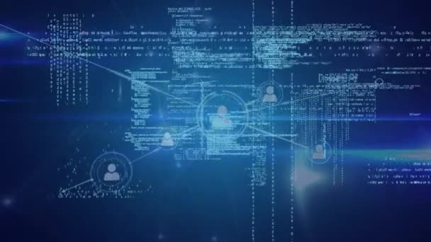 Animation numérique d'un réseau d'icônes de profil reliées par des lignes sur un fond bleu lumineux. Courir au premier plan sont des codes de programme 