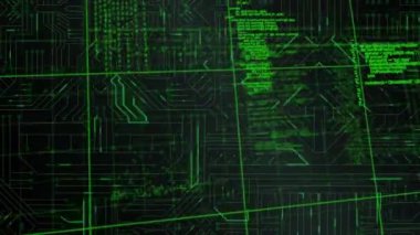 Parlak yeşil çizgiler ile bir devre kartı dijital animasyon. Ön planda parlayan yeşil program kodları ile ekranlar