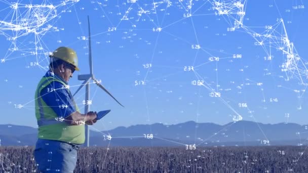 Animation Wind Turbine Blue Sky Engineer Checking Data Tablet While — Stock Video