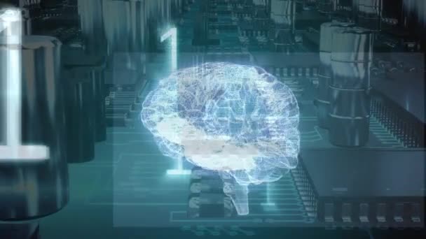 回路基板を通って移動する輝く脳ホログラムのデジタルアニメーション フォアグラウンドはバイナリ コードで満たされています — ストック動画