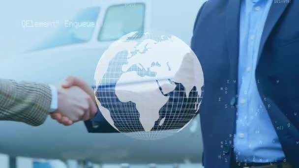 Composto Digital Dois Homens Negócios Apertando Mãos Com Avião Atrás — Vídeo de Stock