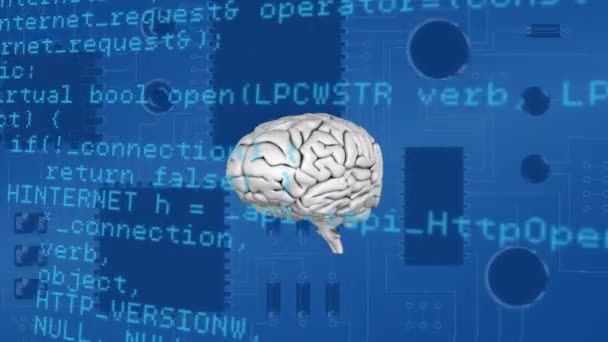 Ψηφιακή Κίνηση Ενός Περιστρεφόμενου Εγκεφάλου Κώδικες Προγράμματος Κινούνται Φόντο Είναι — Αρχείο Βίντεο