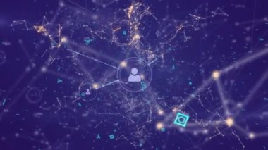 Profil simgeleri ile bağlı parlayan çizgiler ağının dijital animasyonu. Çizgiler düzensiz şekiller yaratır