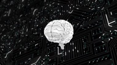 Dönen beyaz beynin dijital animasyonu. Arka plan titreşen hatları olan bir devre kartı