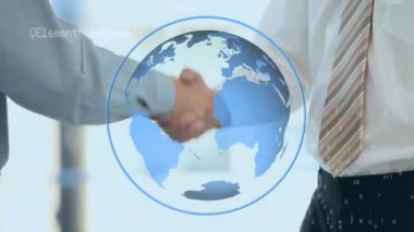 El sıkışıyor iş adamlarının dijital animasyon. Ön planda ortasında mavi bir yüzük ve program kodları ile dönen bir dünya