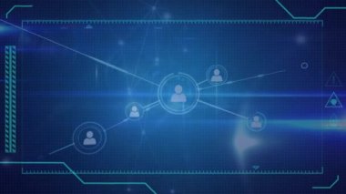 Profil simgeleri ile bağlanan bir hat ağının dijital animasyonu. Ön planda semboller ve Kenarlıklar bulunan bir ekran var