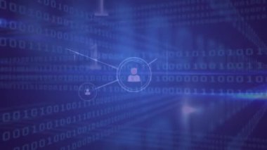 Profil simgeleri ile bağlanan bir hat ağının dijital animasyonu. Arka planda ikili kodlar ekran üzerinde ve etrafında hareket ediyor