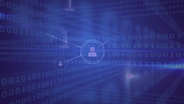Animation numérique d'un réseau de lignes reliées à des icônes de profil. Sur l'arrière-plan sont des codes binaires se déplaçant à travers et autour de l'écran 