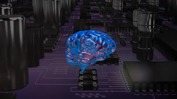 回路基板上を移動する青色回転脳のデジタルアニメーション — ストック動画