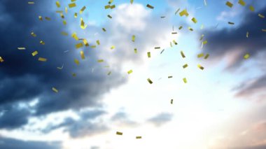 Düşen konfeti ile parlak bir bulutlu gökyüzü dijital animasyon