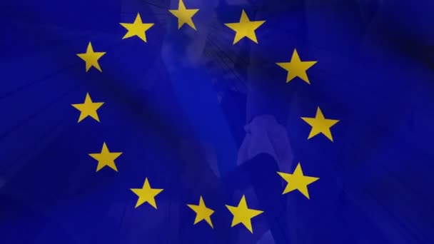 Digital Animation European Flag Waving Foreground Businessmen Shaking Hands — Stock Video