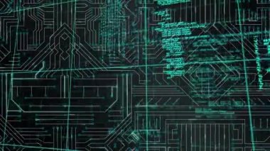 Kılavuz çizgileri olan ekranlarda program kodlarının dijital animasyonu. Arka plan yeşil çizgiler ile bir devre kartı