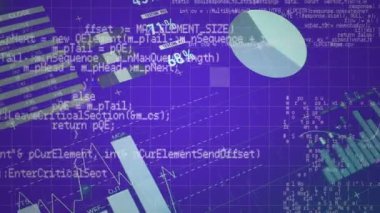 Grafik ve istatistik ekran yukarı hareketli dijital animasyon. Ön plan program kodları ile doldurulur