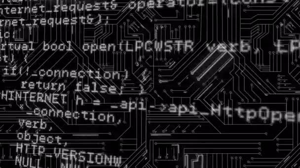 Animazione Digitale Codici Programma Esecuzione Sullo Schermo Sfondo Circuito Stampato — Video Stock