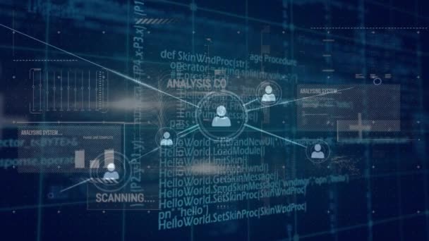 Animation numérique d'un réseau de lignes reliées à des icônes de profil. Le fond a des écrans avec des graphiques et des statistiques 