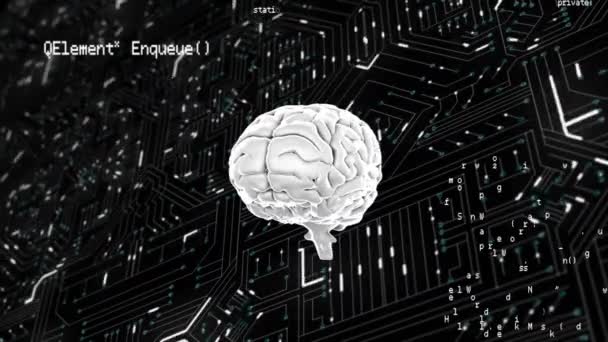 プログラムコードを使用した回転脳のデジタルアニメーション 背景は白い線の黒い回路基板です — ストック動画