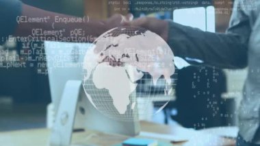 Bir ofiste el sallayarak iki kişinin dijital animasyon. Arka planda bir bilgisayardır. Ön planda ikili kodları ile dönen bir dünya