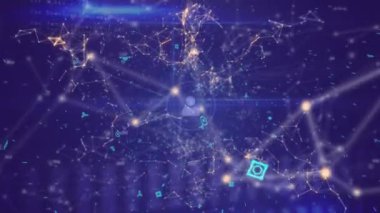 Mavi uzayda satırlara bağlı profil simgeleri ağının dijital animasyonu. Parlayan çizgiler ve noktalar da ön planda görülür