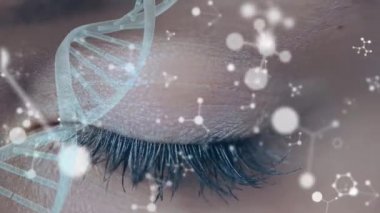 Bir gözün yakın çekiminin dijital bileşimi. Ön planda moleküler yapılar ve dönen dna sarlis
