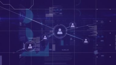 Profil simgeleri ile bağlanan bir hat ağının dijital animasyonu. Arka planda program kodları bulunan bir kılavuz çizgisi vardır