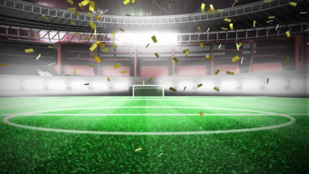 フィールド上のゴールテキストを持つスタジアムのデジタルアニメーション 紙吹雪がスタジアムに落ちている間 花火がバックグラウンドで見られます — ストック動画