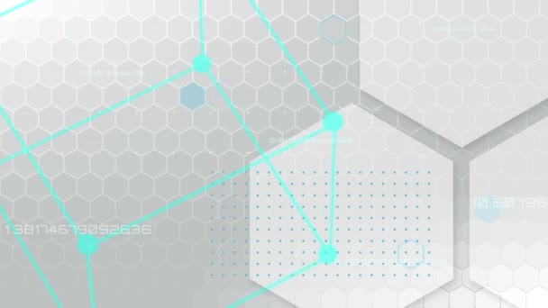 Animation numérique d'un carré 3D flottant à côté d'une forme hexagonale. Le fond est rempli de motifs hexagonaux 