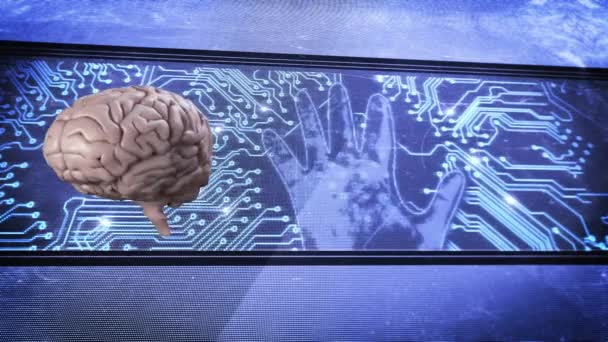 回転する人間の脳のデジタルアニメーション その後ろに回路基板に手のプリントが付いている画面があります — ストック動画