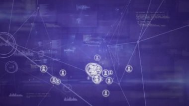 Ön planda uçan profil simgeleri olan bir hat ağının dijital animasyonu. Arka planda program kodları var