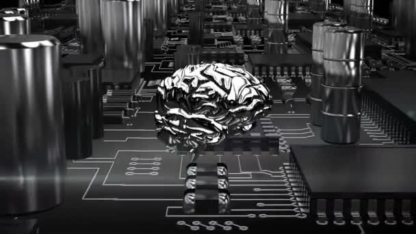 回路基板を通って移動する回転脳のデジタルアニメーション 色はシルバーとグレーです — ストック動画