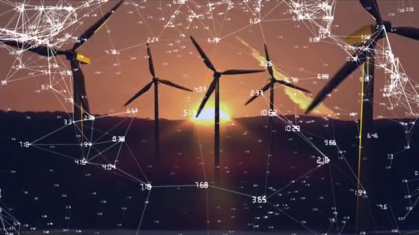 Digital Animation Väderkvarnar Solnedgång Förgrunden Nätverk Linjer Och Nummer — Stockvideo
