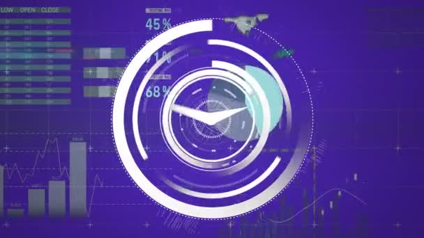 背景を横切って移動するグラフと統計情報のデジタル アニメーション 前景には時計がある — ストック動画