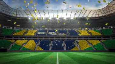 Konfeti ile Brezilyalı bir stadyum dijital animasyon. Koltuklar Brezilya bayrağına benzeyen renk kodlarıdır.