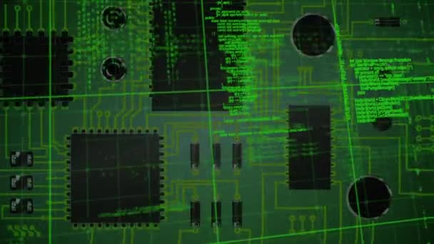 背景がデジタル回路を示している間 正方形のパターンで画面内を移動する緑色のプログラムコードのデジタルアニメーション — ストック動画