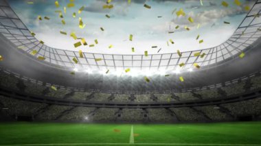 Dolu bir stadyumun arka planı ile ekranda düşen altın konfeti dijital animasyon