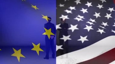 Avrupa bayrağının dijital animasyonu ve Amerika Birleşik Devletleri bayrağı el sallarken arka planda iki beyaz adam görünüyor..