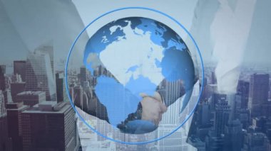 Mavi bir dünya ekranda döner ve arka planda binalar ile şehrin bir görünümünü gösterir ederken el sallayarak iki iş insanların dijital kompozit