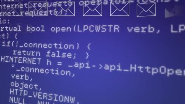 蓝色背景下移动的消息信封和程序代码的数字动画 — 图库视频影像