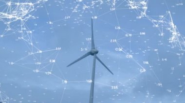 Sayılar ile beyaz asimetrik hatları ile çevrili dönen Bıçaklar ile bir rüzgar türbini dijital animasyon