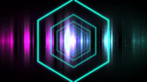 グリッチと背景がカラフルなライトを示しながら 画面にズームする六角形の形状のデジタルアニメーション — ストック動画