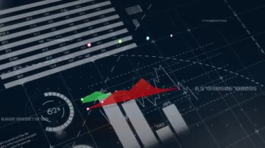 Renkli bir grafik noktalı çizgiler ve arka plan ile ekranda görünen dijital animasyon farklı grafikler ve verilerle dijital bir arayüz gösterir