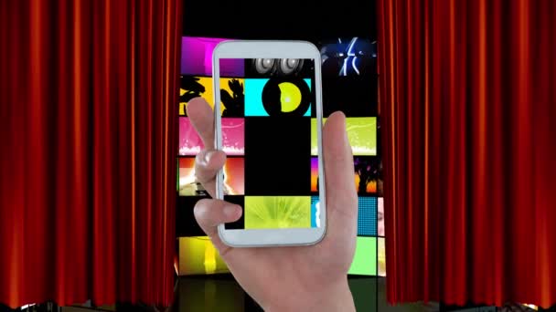 Digital Animation Hand Holding Mobile Phone While Red Curtains Opens — Stock Video