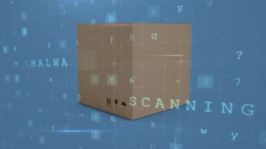 Dijital güvenlik kelimeleri ve harfleri ekranda hareket ederken kahverengi bir kutu açılış dijital animasyon.