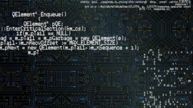 Arka planda dijital devre gösterirken, ekranda hareket eden program kodlarının dijital animasyonu