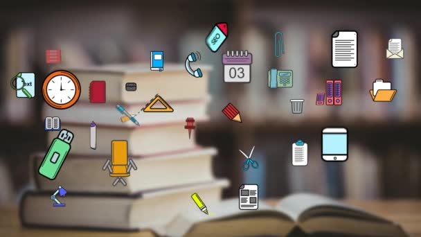 背景が学校に戻るための本の山を持つタブレットを示しながら 画面内を移動するカラフルなアイコンのデジタルアニメーション — ストック動画