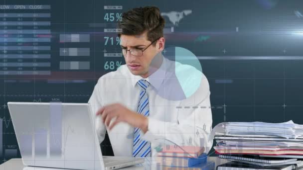 Digital Composite Caucasian Man Looking Tired While Working Different Graphs — Stock Video