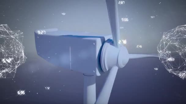 白色风力涡轮机的数字动画 叶片移动 而不对称线与数字在屏幕上移动 — 图库视频影像