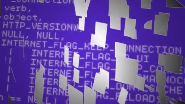 Program kodları arka planda hareket ederken bir bulut oluşturan kare desenleri dijital animasyon