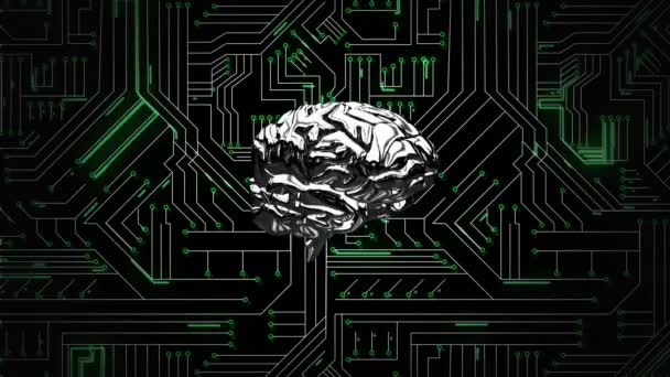 Animación Digital Cerebro Plateado Girando Pantalla Mientras Que Fondo Muestra — Vídeos de Stock